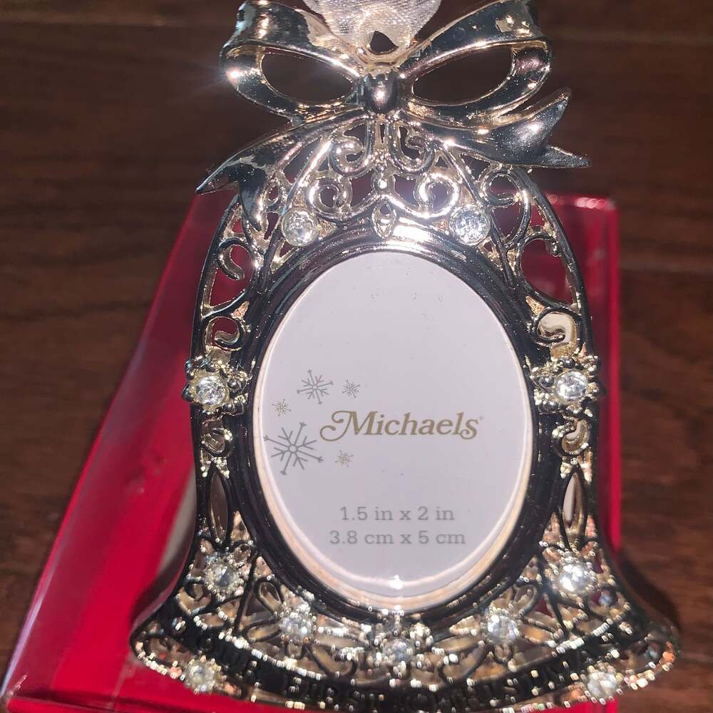 VTG Michaels Silver-Tone “Our First Christmas” Bell Photo Frame Ornament